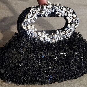 Vtg. Letty Art Nouveau Evening Hand Bag, Sequin/Beads/Crystals, Black/Silver EUC